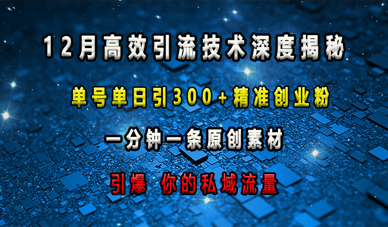 12月高效引流技术深度揭秘 ，单号单日引300+精准创业粉，一分钟一条原创素材，引爆你的私域流量-思维屋-分享无限项目创意